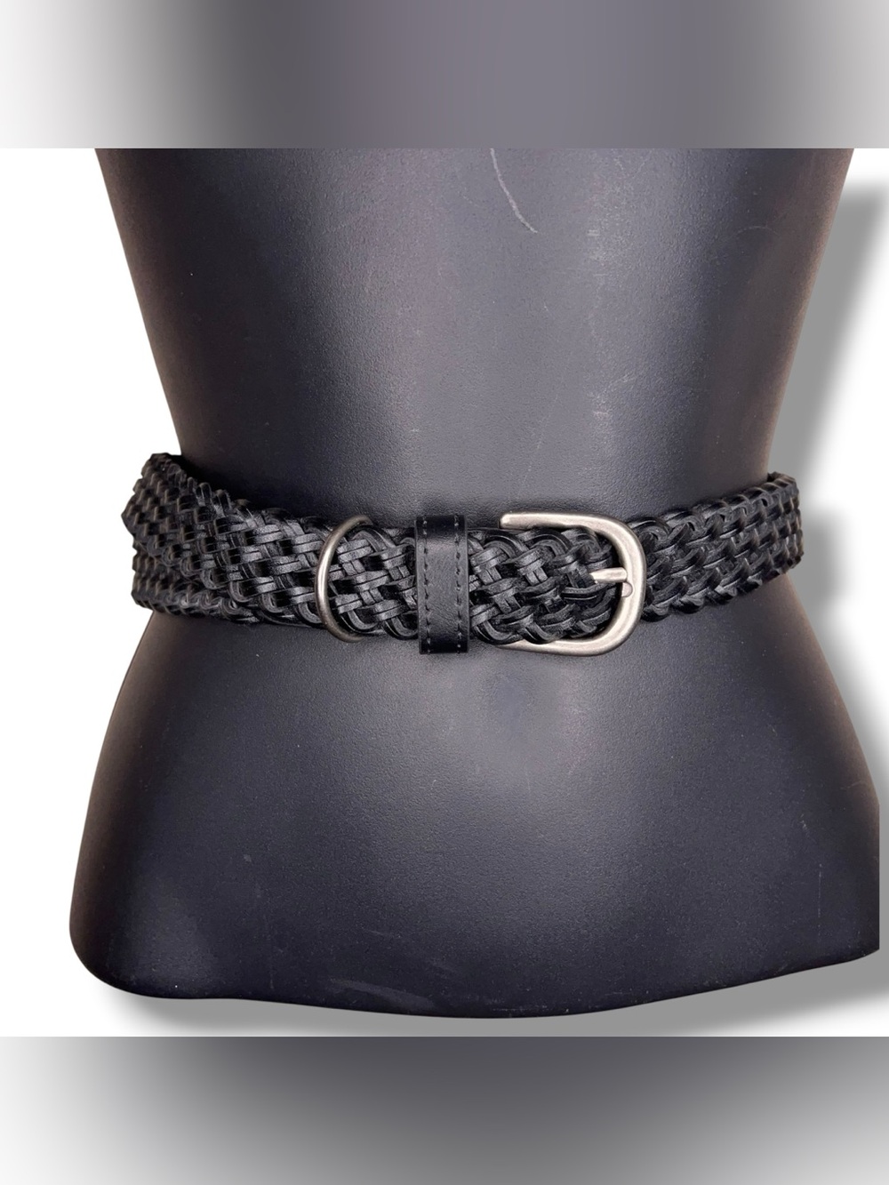 Vintage Size 36 Braided Black Leather Belt Silver Buckle Western Boho Bohemian
